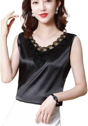 Fashionable Lace Camisole Women's Satin V-Neck Base Shirt Large Size Sleeveless Top(D,2XL)