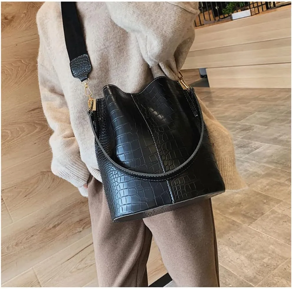 Fashionable Leather Bucket Bag for Women - Classic Crocodile Pattern Crossbody Handbag & Large Shoulder Purse