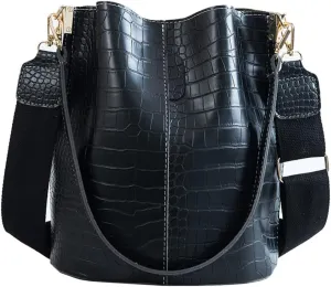 Fashionable Leather Bucket Bag for Women - Classic Crocodile Pattern Crossbody Handbag & Large Shoulder Purse