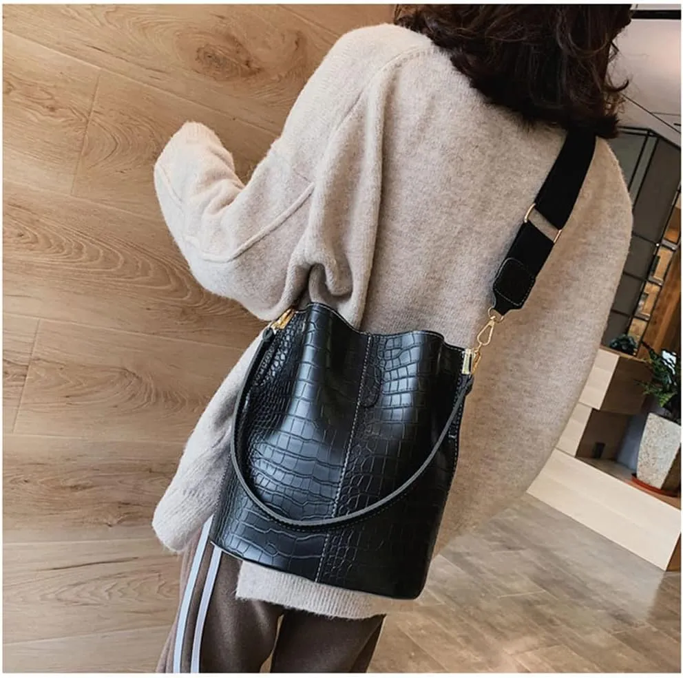 Fashionable Leather Bucket Bag for Women - Classic Crocodile Pattern Crossbody Handbag & Large Shoulder Purse