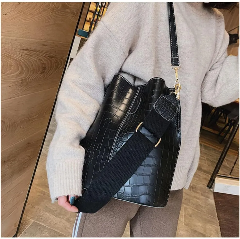 Fashionable Leather Bucket Bag for Women - Classic Crocodile Pattern Crossbody Handbag & Large Shoulder Purse