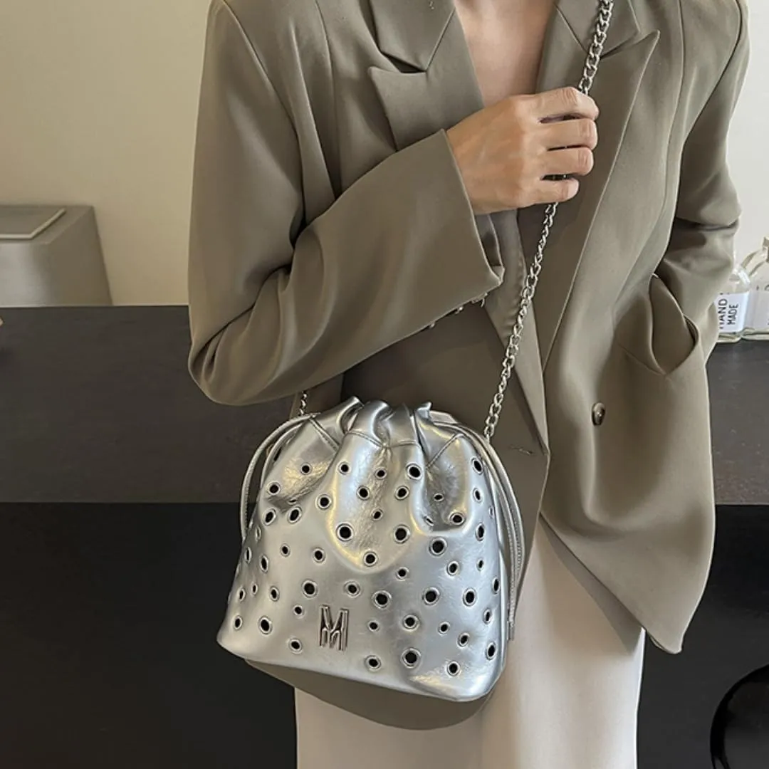 Fashionable Studded Crossbody Bag with Chain Strap,Shoulder & Bucket Bag for Women, PU Material,Gift Choice