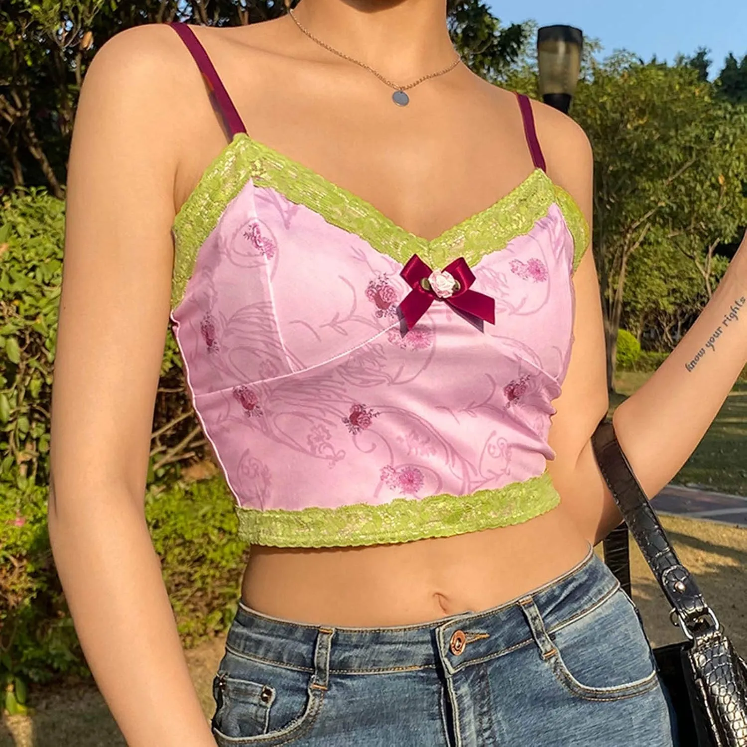 FEESHOW Women's Lace Patchwork V Neck Camisole Spaghetti Strap Crop Cami Tank Tops