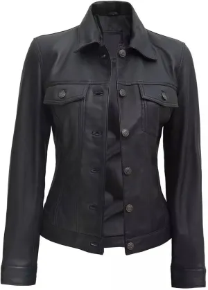Fernando Women Black Leather Trucker Jacket | Solid Black Leather Women Jacket