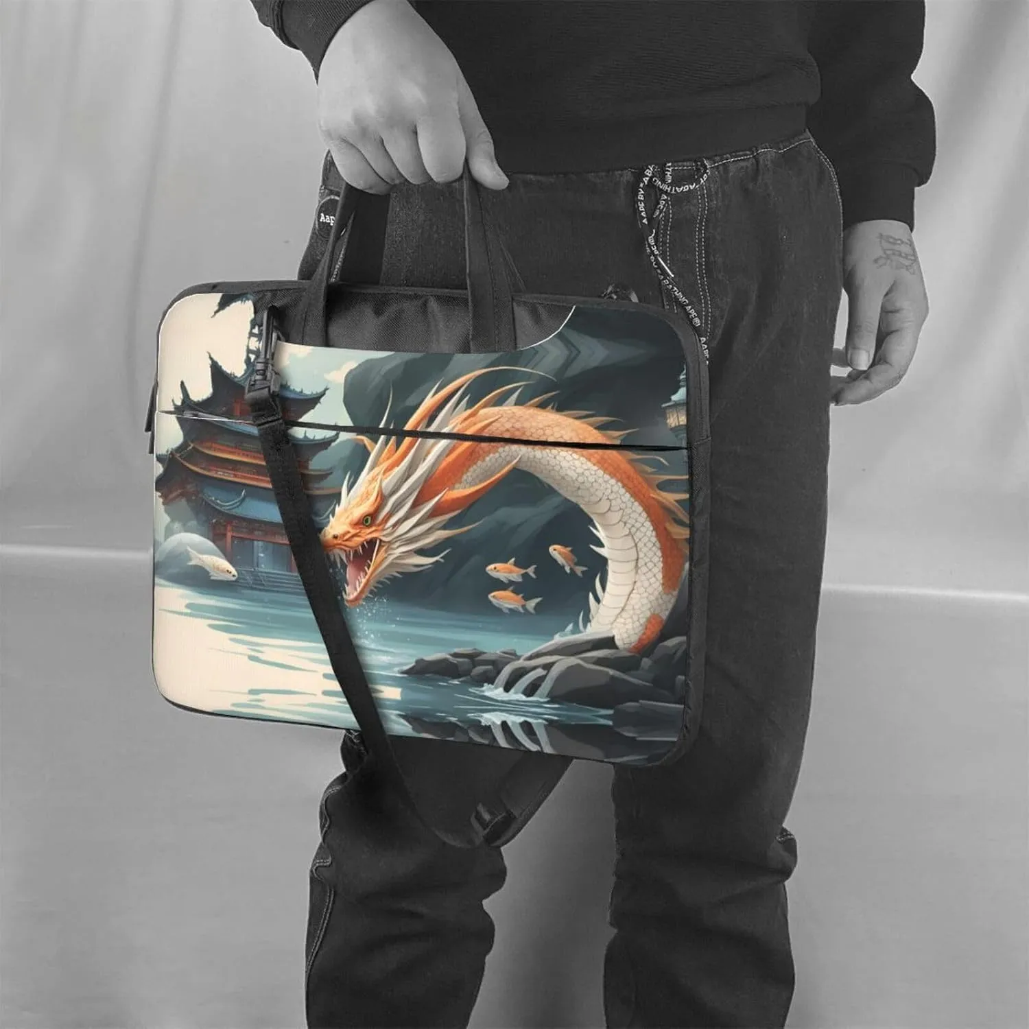 Fish leap dragon gate pattern Fashionable and ultra-thin shoulder laptop bag Shockproof soft lining
