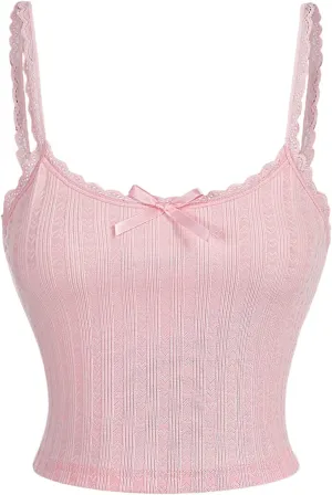 Floerns Women's Cute Sleeveless Lace Trim Camisole Bowknot Knitted Crop Cami Tops
