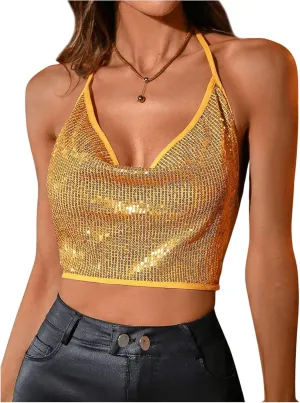 Floerns Women's Sequin Draped Halter Camisole Bow Tie Backless Glitter Party Crop Tops