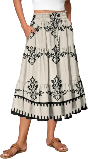 Flowy Floral Midi Skirts for Women Trendy Summer Casual High Waisted Plus Size Long Boho Beach Skirt with Pockets
