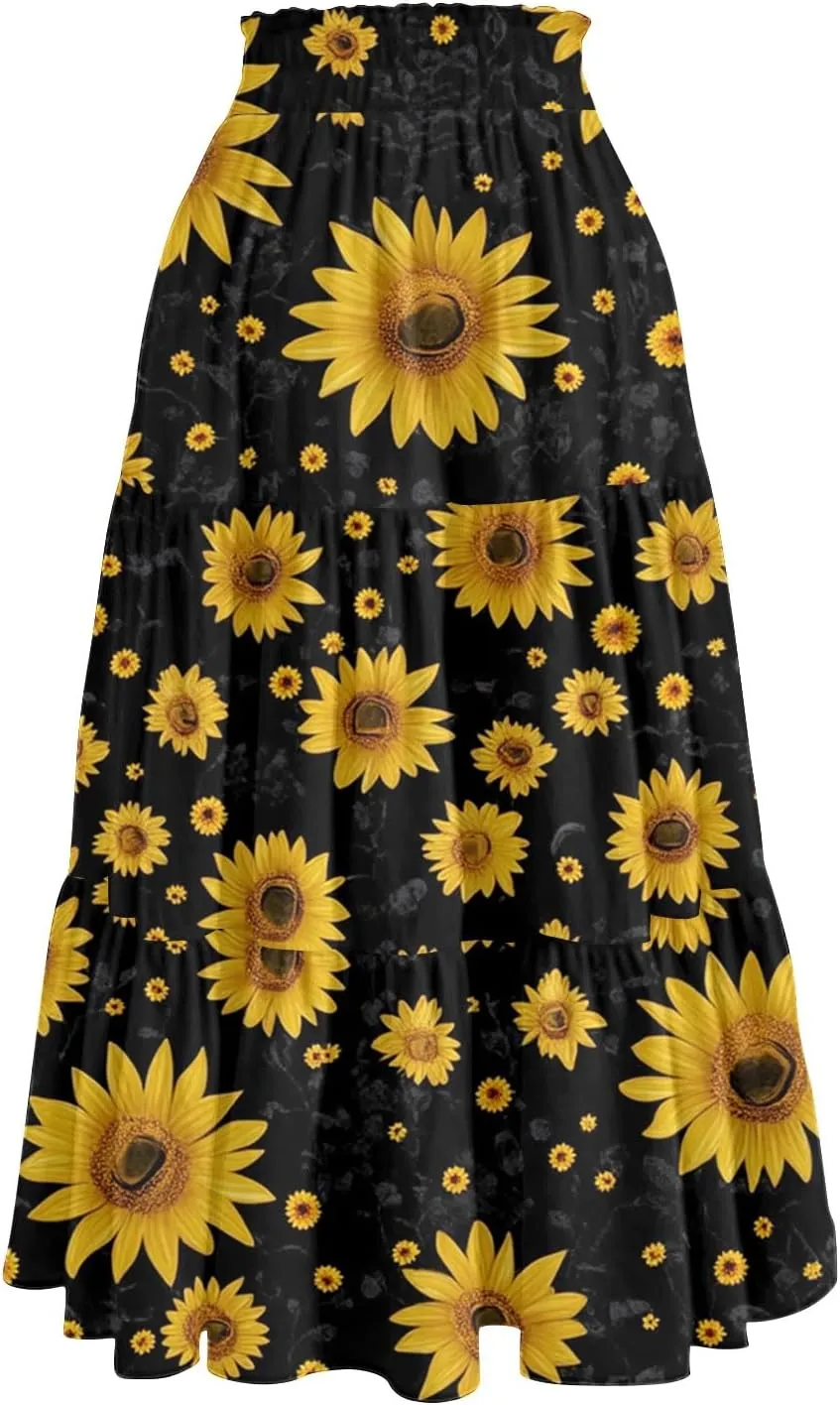 Flowy Floral Midi Skirts for Women Trendy Summer Casual High Waisted Plus Size Long Boho Beach Skirt with Pockets