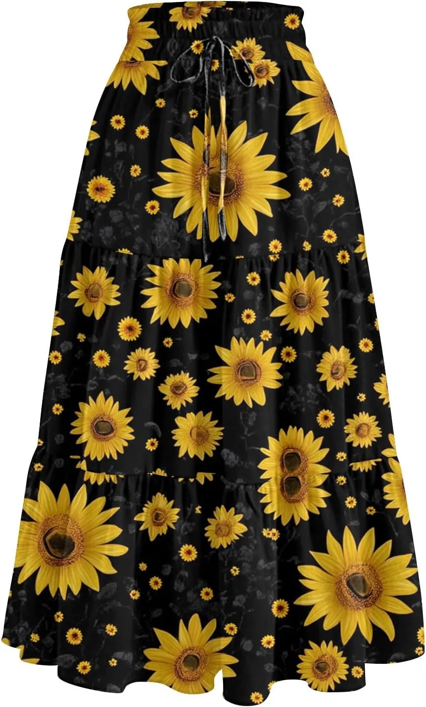 Flowy Floral Midi Skirts for Women Trendy Summer Casual High Waisted Plus Size Long Boho Beach Skirt with Pockets