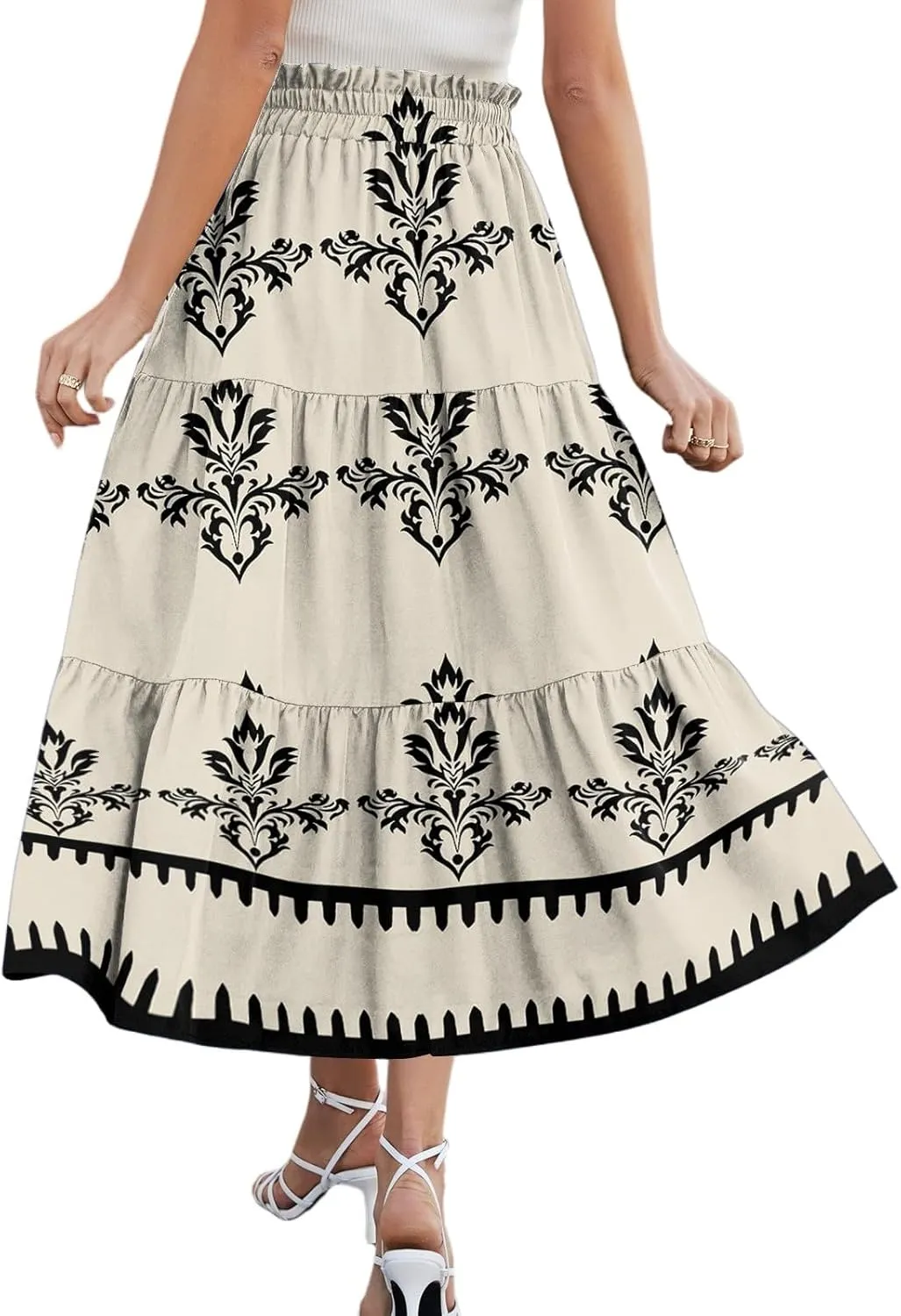 Flowy Floral Midi Skirts for Women Trendy Summer Casual High Waisted Plus Size Long Boho Beach Skirt with Pockets