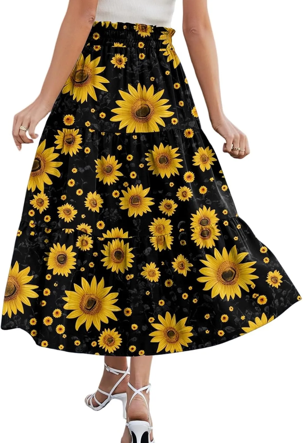 Flowy Floral Midi Skirts for Women Trendy Summer Casual High Waisted Plus Size Long Boho Beach Skirt with Pockets