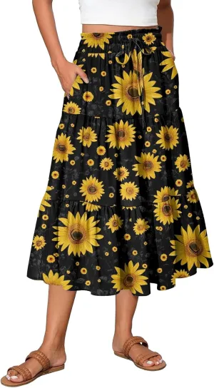 Flowy Floral Midi Skirts for Women Trendy Summer Casual High Waisted Plus Size Long Boho Beach Skirt with Pockets