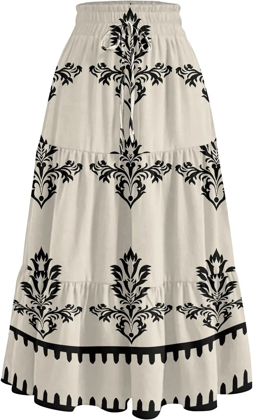 Flowy Floral Midi Skirts for Women Trendy Summer Casual High Waisted Plus Size Long Boho Beach Skirt with Pockets