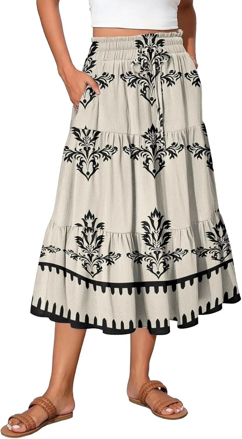 Flowy Floral Midi Skirts for Women Trendy Summer Casual High Waisted Plus Size Long Boho Beach Skirt with Pockets