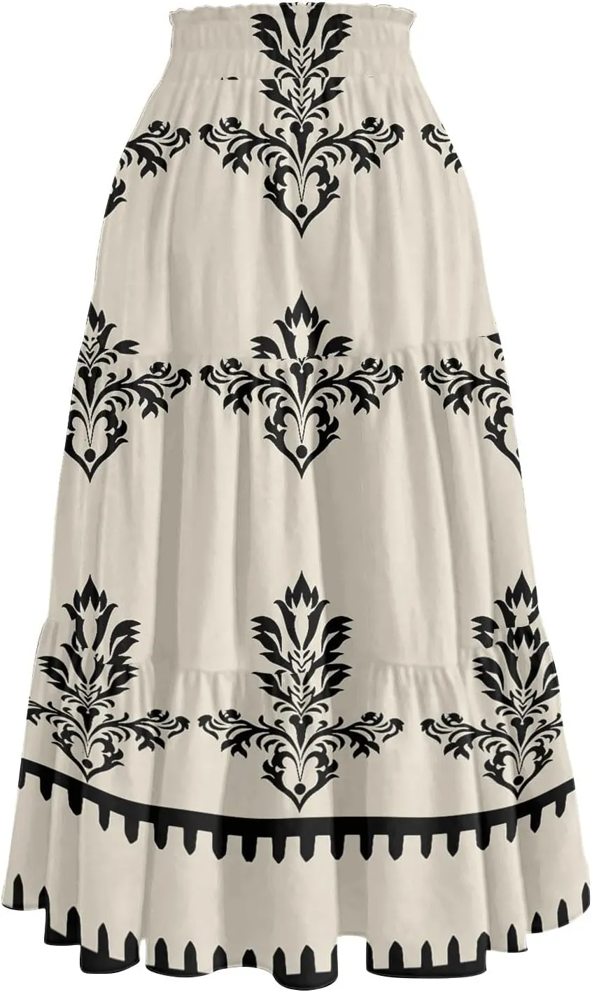 Flowy Floral Midi Skirts for Women Trendy Summer Casual High Waisted Plus Size Long Boho Beach Skirt with Pockets