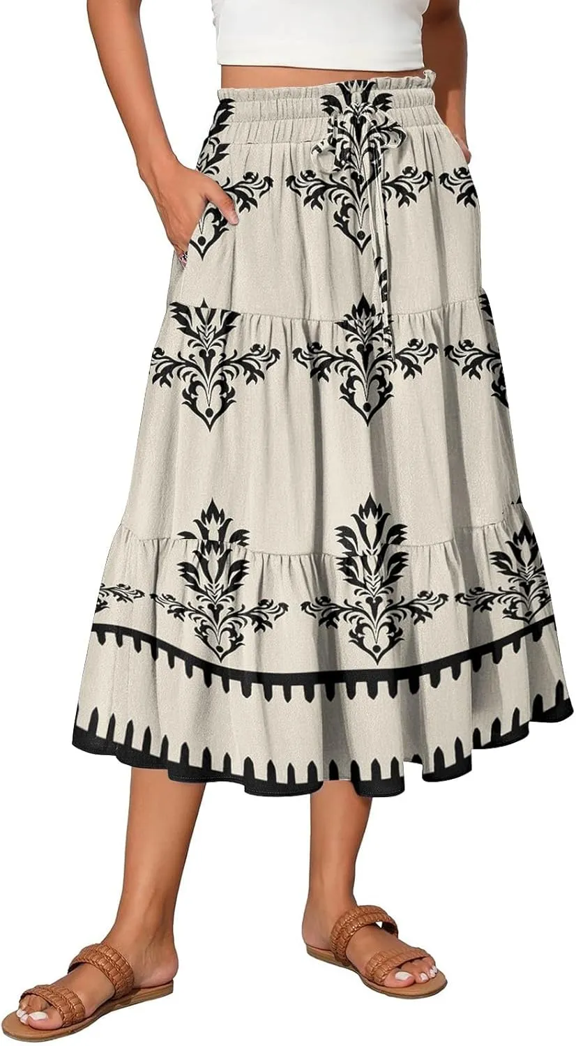 Flowy Floral Midi Skirts for Women Trendy Summer Casual High Waisted Plus Size Long Boho Beach Skirt with Pockets