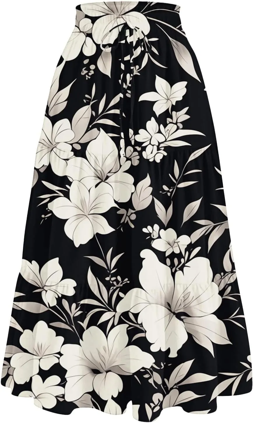 Flowy Midi Skirts for Women 2025 Summer Casual Floral High Waisted Plus Size Long Boho Work Skirt with Pockets