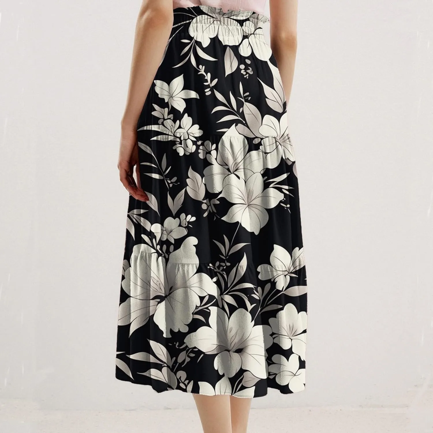 Flowy Midi Skirts for Women 2025 Summer Casual Floral High Waisted Plus Size Long Boho Work Skirt with Pockets