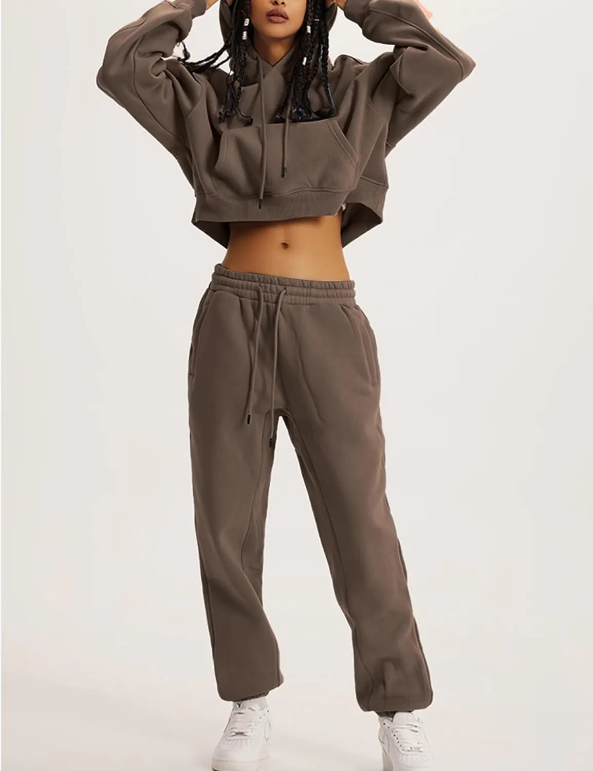 Flygo Womens Fleece 2 Piece Outfits Sweatsuit Crop Pullover Sweatshirt Joggers Pants Tracksuit Set