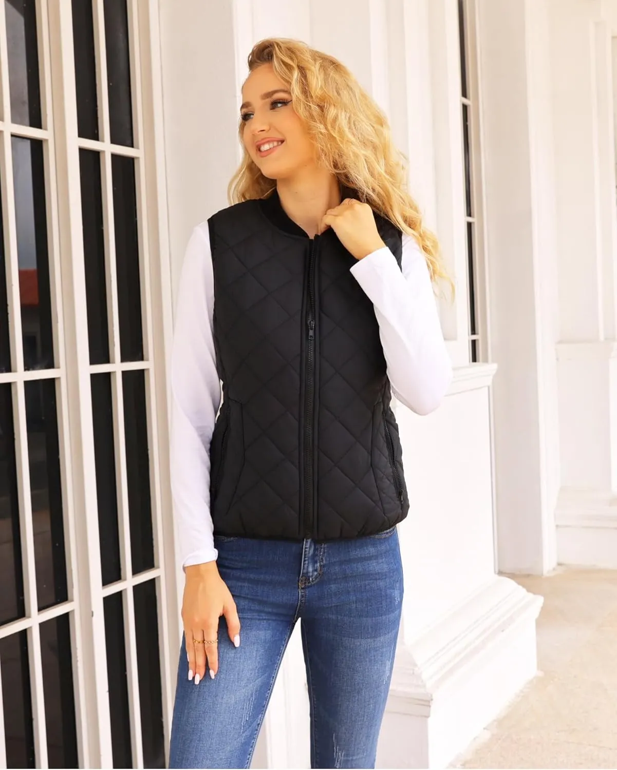 Fuinloth Women's Quilted Vest, Rib Collar Lightweight Zip Padded Gilet