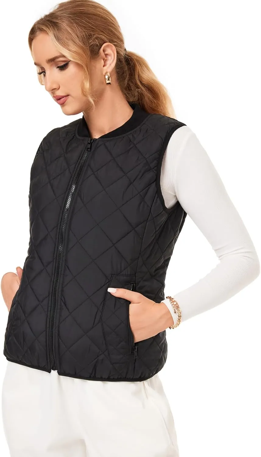 Fuinloth Women's Quilted Vest, Rib Collar Lightweight Zip Padded Gilet