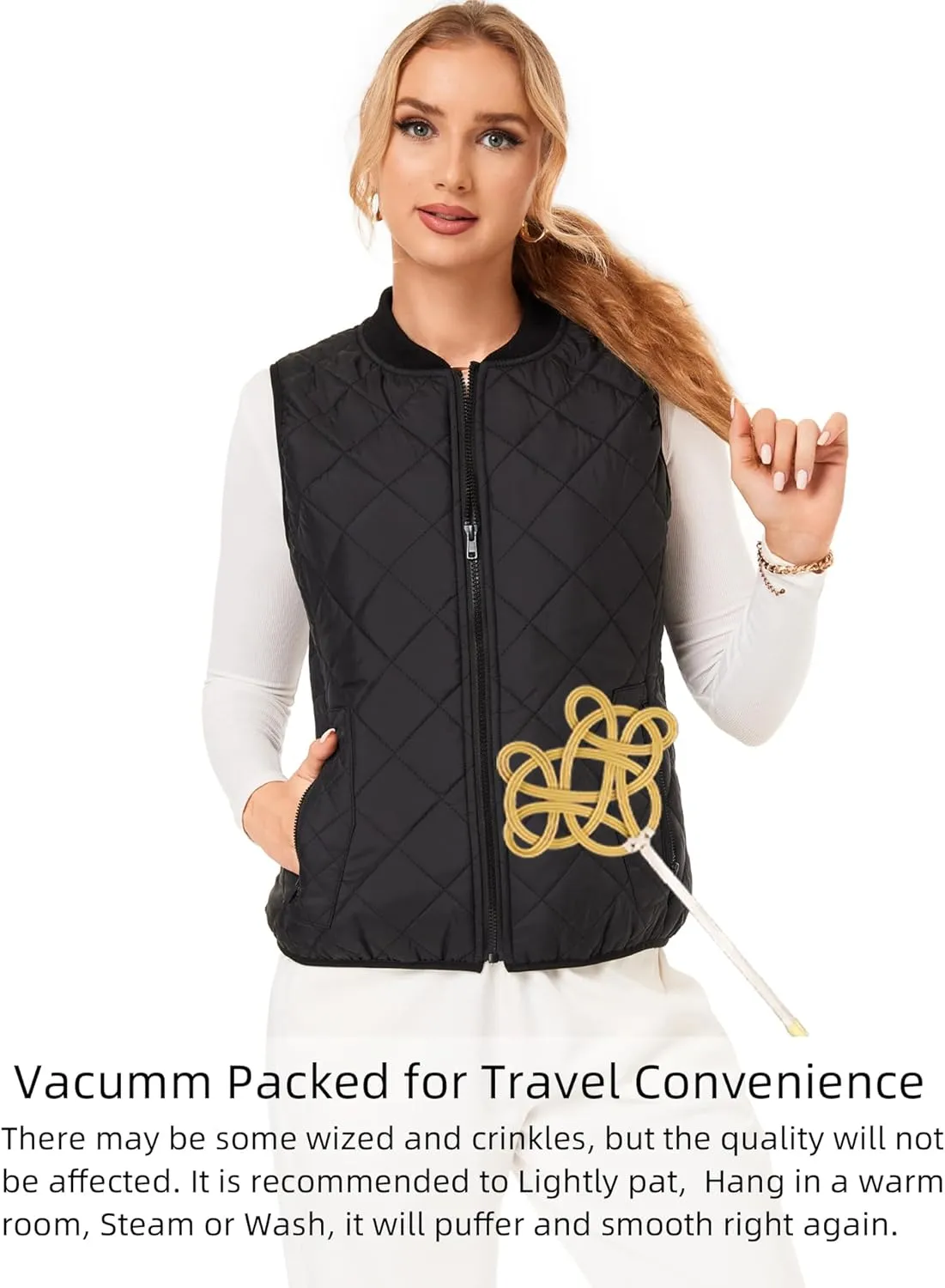 Fuinloth Women's Quilted Vest, Rib Collar Lightweight Zip Padded Gilet