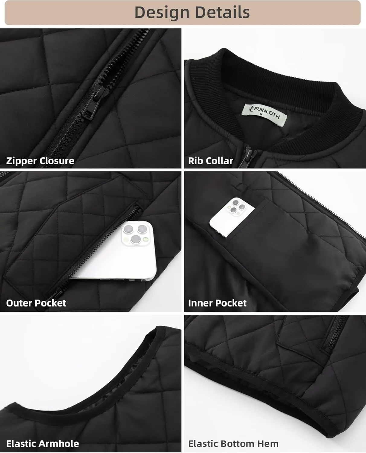 Fuinloth Women's Quilted Vest, Rib Collar Lightweight Zip Padded Gilet
