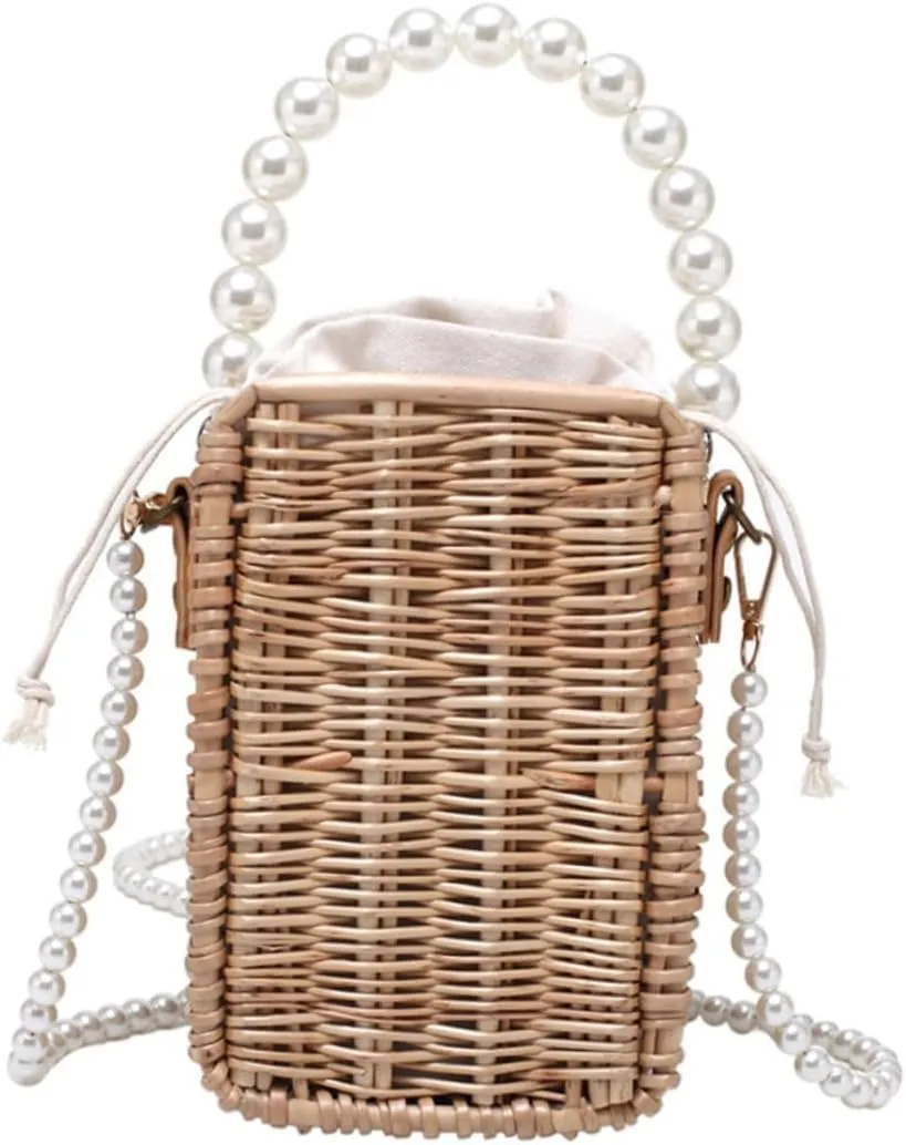 Gatuida Elegant Rattan Pearl Handbag Compact Portable Bag for Lipstick Cards Cash Fashionable Straddle Tote Bag