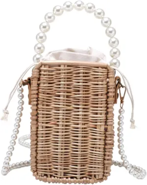 Gatuida Elegant Rattan Pearl Handbag Compact Portable Bag for Lipstick Cards Cash Fashionable Straddle Tote Bag
