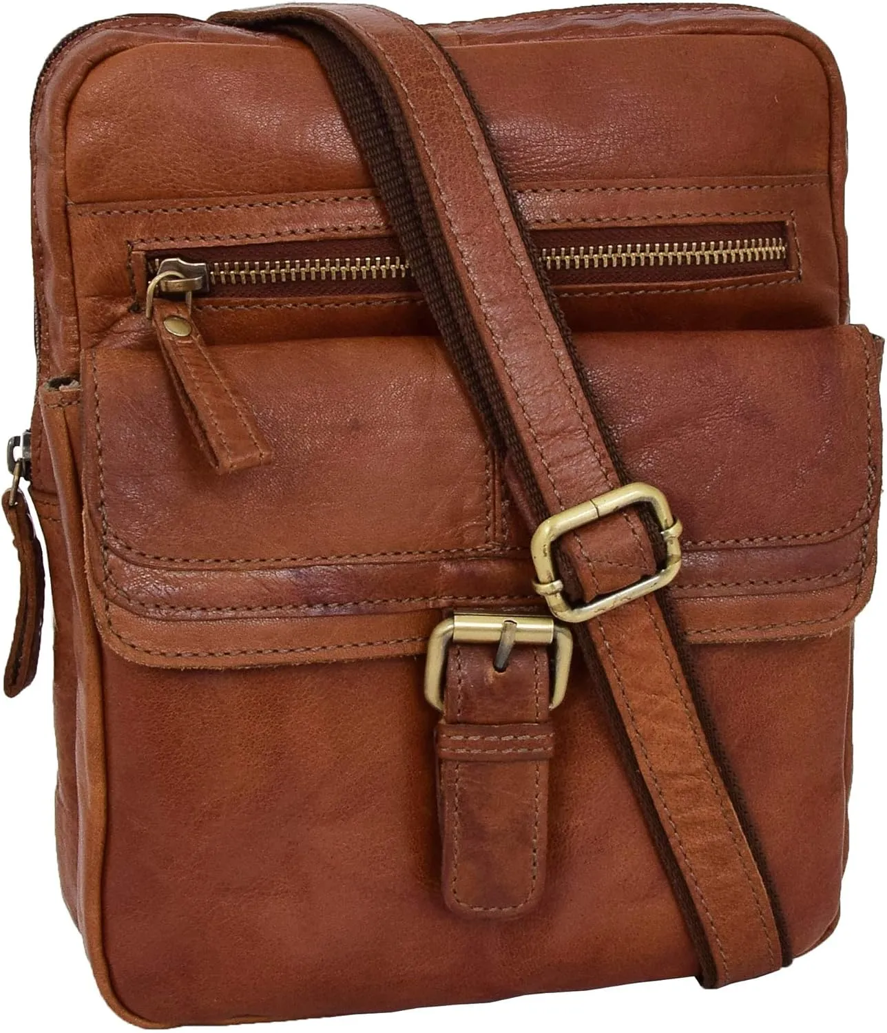 Genuine Leather Cross Body Bag For Mens Vintage Tan Zip Top Flight Bag Joel