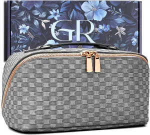 Gift for her,Travel Makeup Bag Large,Checkered Makeup Organizer Bag with Compartments,Travel Toiletry Bag for Women,Big Cosmetic Bag for Traveling,Jean Pattern PU Leather