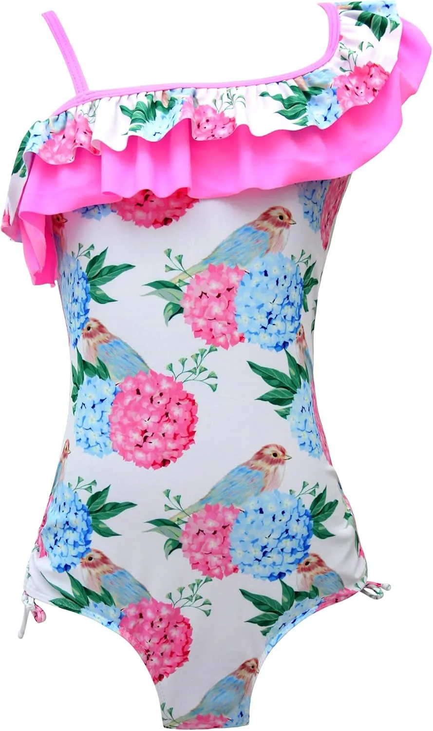 Girls Lemon Double Ruffle One Shoulder Adjustable Swimwear Fashionable One Piece Bathing Suit(5y-16y)