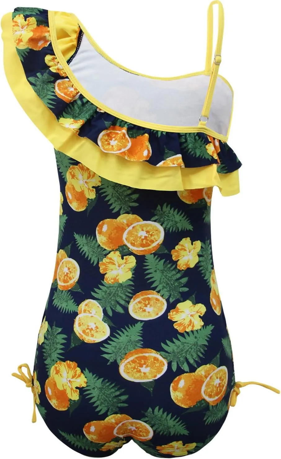 Girls Lemon Double Ruffle One Shoulder Adjustable Swimwear Fashionable One Piece Bathing Suit(5y-16y)