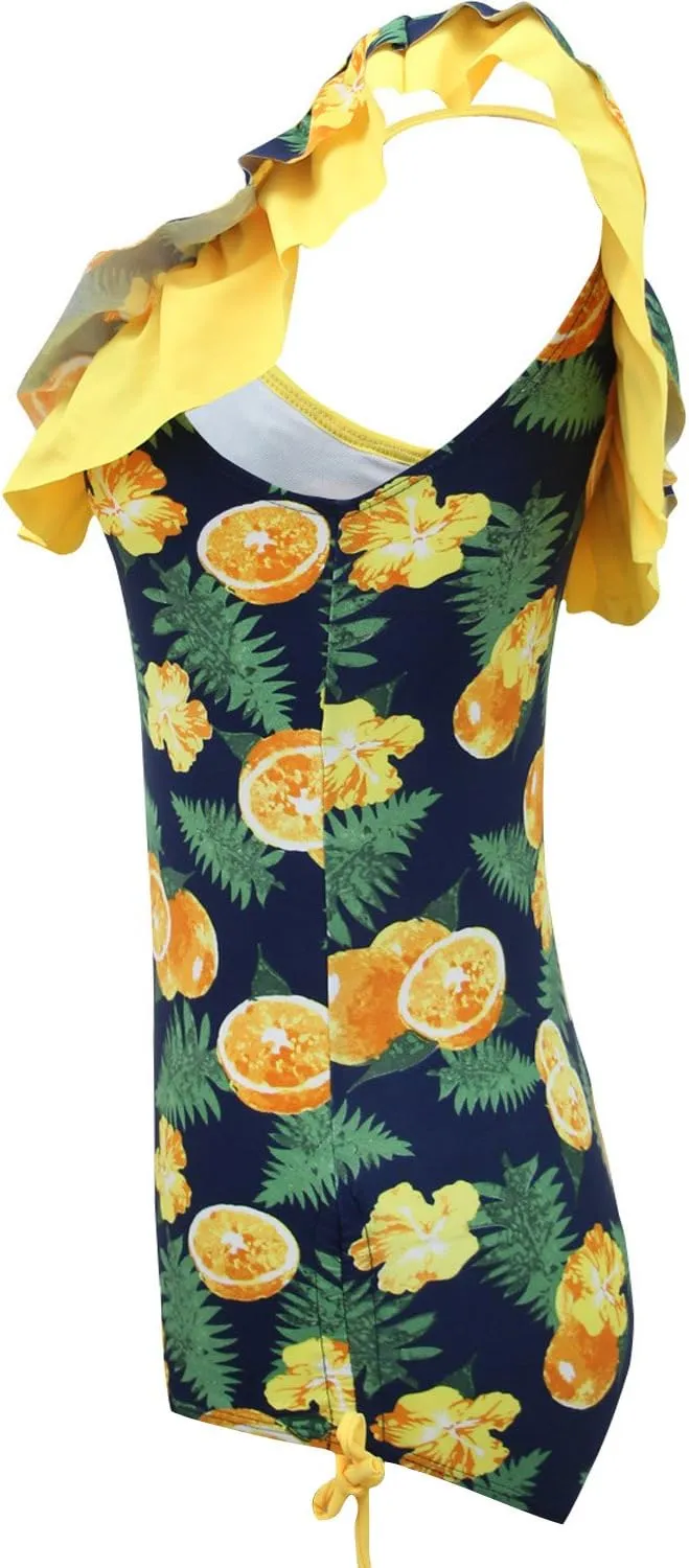 Girls Lemon Double Ruffle One Shoulder Adjustable Swimwear Fashionable One Piece Bathing Suit(5y-16y)