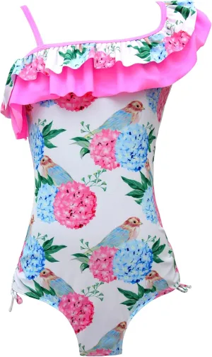 Girls Lemon Double Ruffle One Shoulder Adjustable Swimwear Fashionable One Piece Bathing Suit(5y-16y)