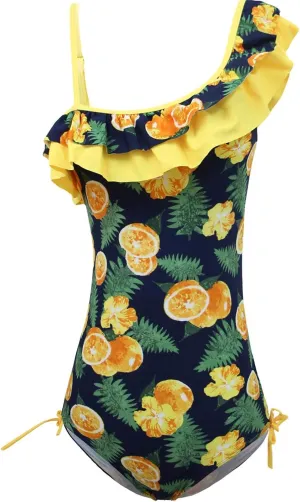 Girls Lemon Double Ruffle One Shoulder Adjustable Swimwear Fashionable One Piece Bathing Suit(5y-16y)