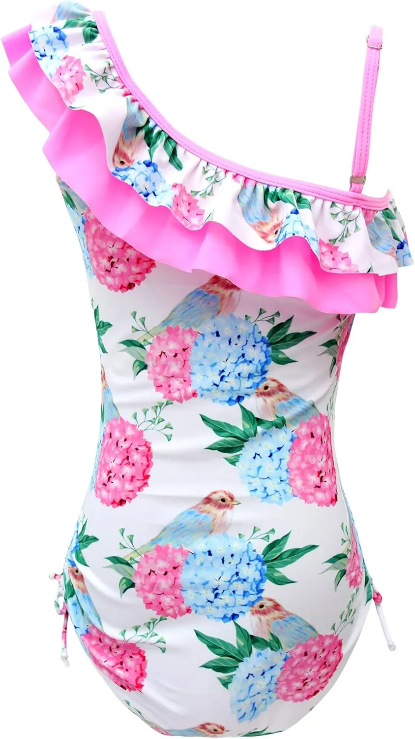 Girls Lemon Double Ruffle One Shoulder Adjustable Swimwear Fashionable One Piece Bathing Suit(5y-16y)