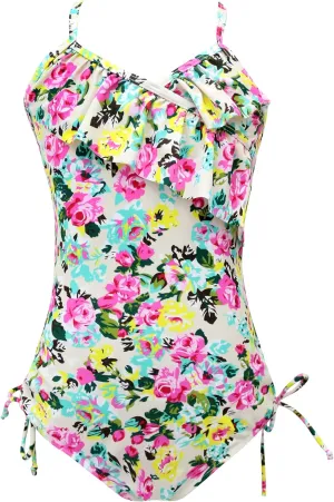 Girls Lemon Double Ruffle One Shoulder Adjustable Swimwear Fashionable One Piece Bathing Suit(5y-16y)