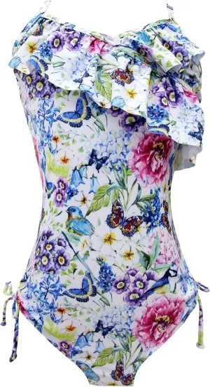 Girls Lemon Double Ruffle One Shoulder Adjustable Swimwear Fashionable One Piece Bathing Suit(5y-16y)