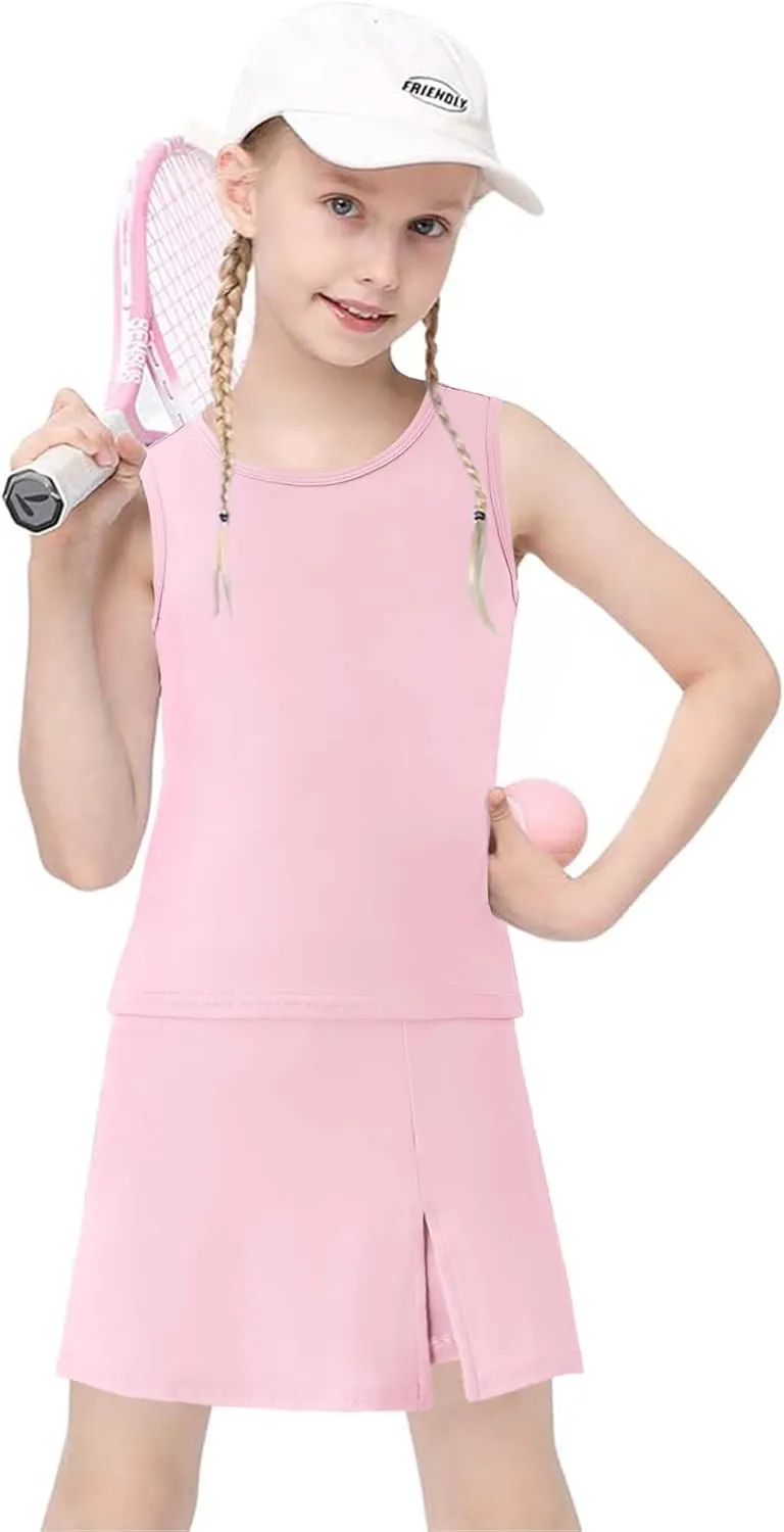 Girls Tennis Dress Golf Outfit Sets Sleeveless Tank Top Skirt Skorts with Shorts Pockets 4-13Y