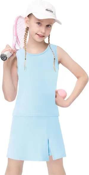 Girls Tennis Dress Golf Outfit Sets Sleeveless Tank Top Skirt Skorts with Shorts Pockets 4-13Y