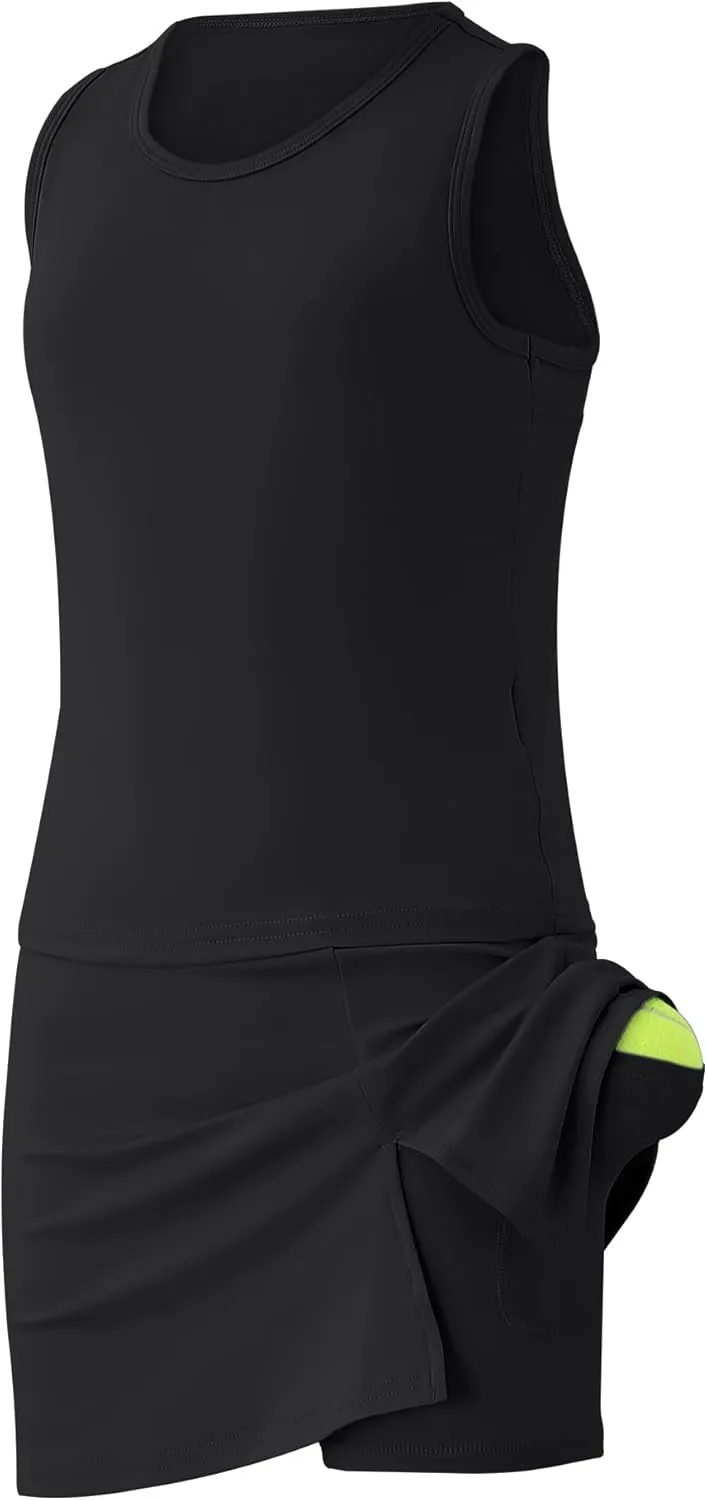 Girls Tennis Dress Golf Outfit Sets Sleeveless Tank Top Skirt Skorts with Shorts Pockets 4-13Y