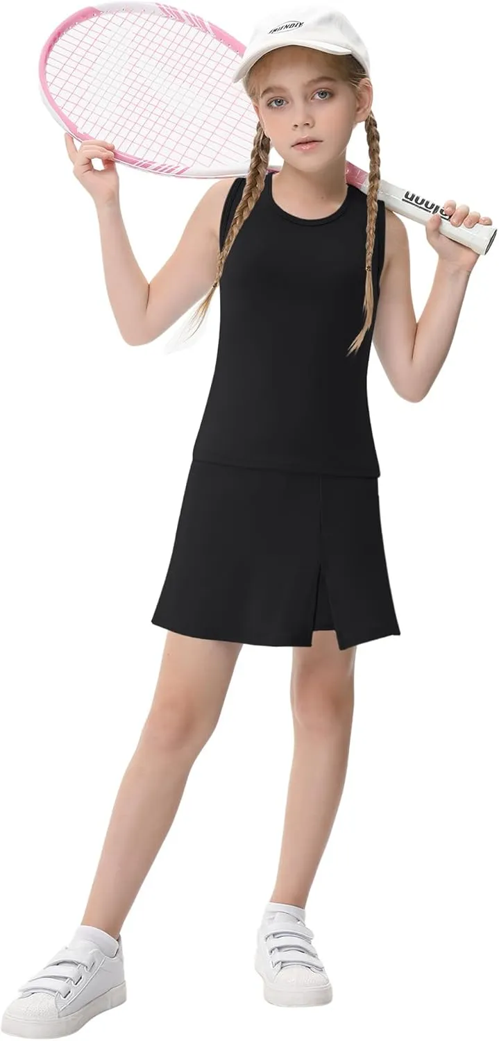 Girls Tennis Dress Golf Outfit Sets Sleeveless Tank Top Skirt Skorts with Shorts Pockets 4-13Y