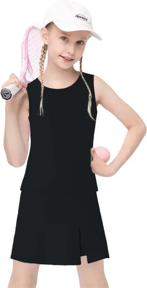 Girls Tennis Dress Golf Outfit Sets Sleeveless Tank Top Skirt Skorts with Shorts Pockets 4-13Y