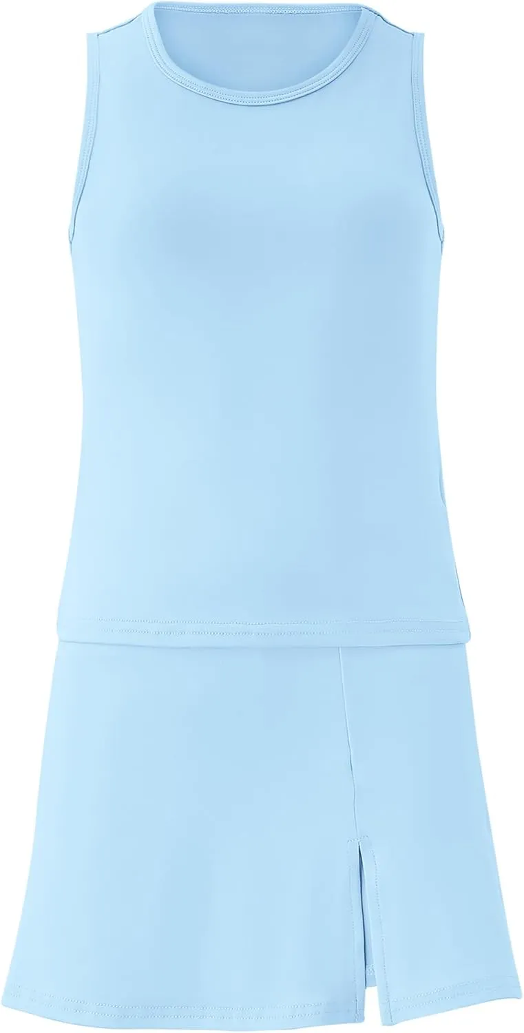 Girls Tennis Dress Golf Outfit Sets Sleeveless Tank Top Skirt Skorts with Shorts Pockets 4-13Y
