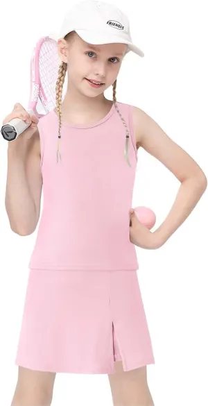 Girls Tennis Dress Golf Outfit Sets Sleeveless Tank Top Skirt Skorts with Shorts Pockets 4-13Y