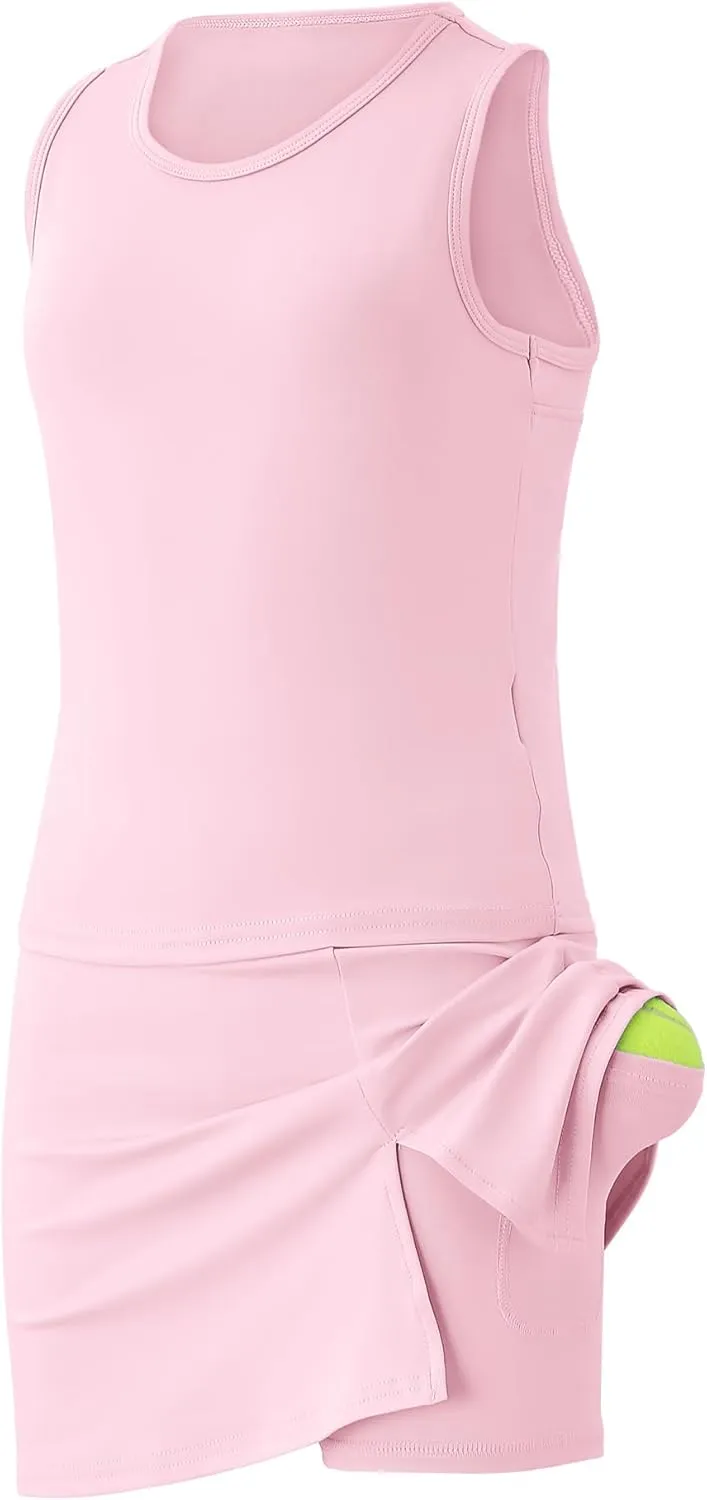 Girls Tennis Dress Golf Outfit Sets Sleeveless Tank Top Skirt Skorts with Shorts Pockets 4-13Y