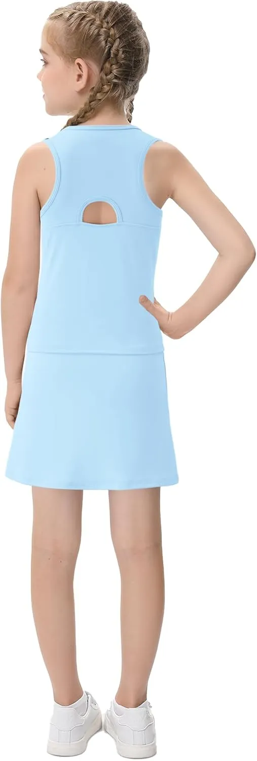 Girls Tennis Dress Golf Outfit Sets Sleeveless Tank Top Skirt Skorts with Shorts Pockets 4-13Y