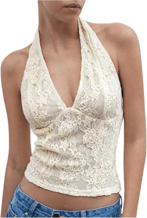 GORGLITTER Women's Backless Lace Crop Camisole Top Floral Sleeveless Sheer Halter Cami Tops